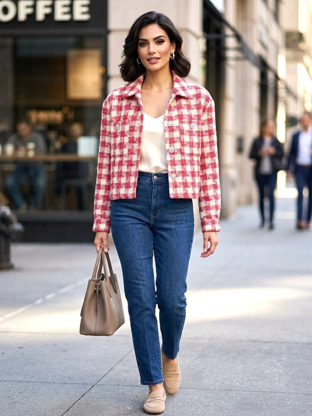 Vero Moda Red & Cream Plaid Tweed Blazer Jacket for Women - Size M
